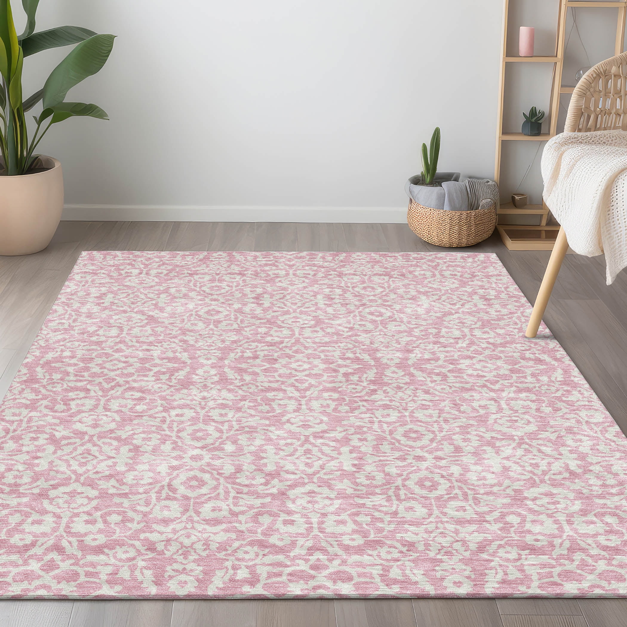 Addison Rugs Chantille Indoor/Outdoor Traditional Damask Pink Washable ...