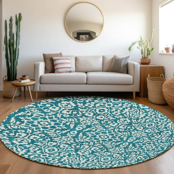 Addison Rugs Chantille Indoor/Outdoor Traditional Damask Teal Washable Round Rug, 8' x 8'