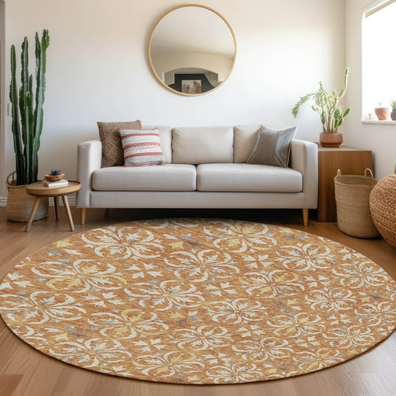 Addison Rugs Chantille Indoor/Outdoor Transitional Floral Copper Washable Round Rug, 8' x 8'