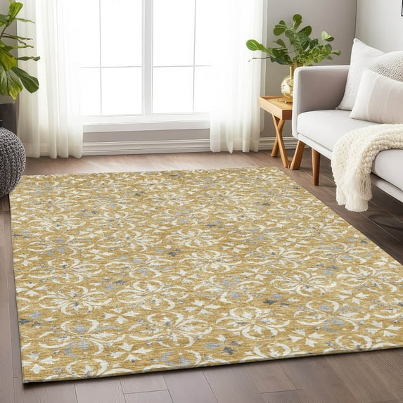 Addison Rugs Chantille Indoor/Outdoor Transitional Floral Gold Washable Rectangle Rug, 9' x 12'