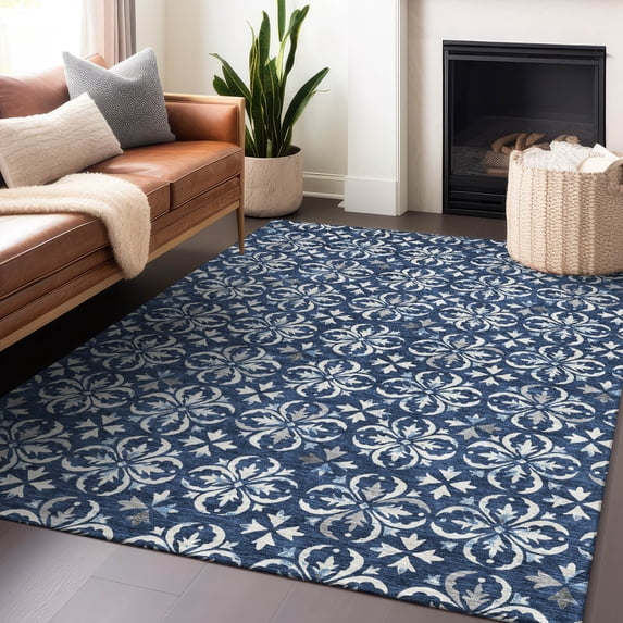 Addison Rugs Chantille Indoor/Outdoor Transitional Floral Navy Washable Rectangle Rug, 5' x 7'6"