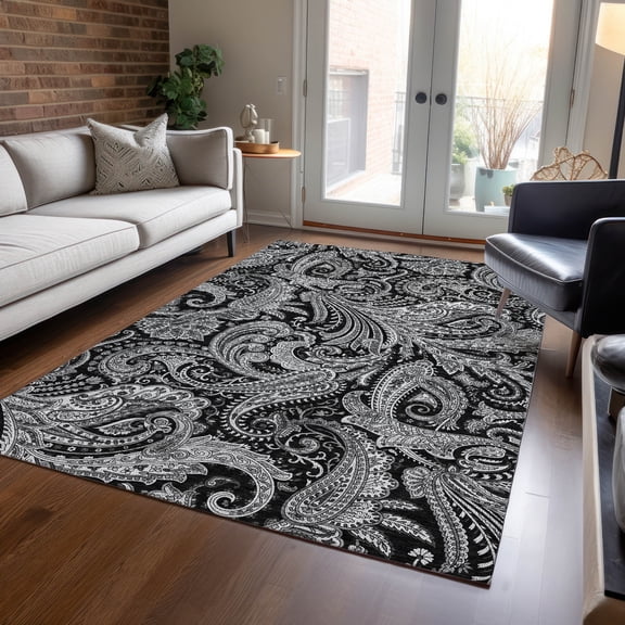 Addison Rugs Chantille Indoor/Outdoor Transitional Paisley Black Washable Rectangle Rug, 5' x 7'6"