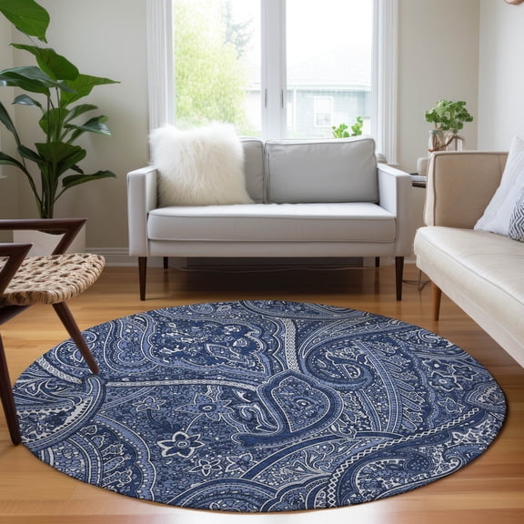 Addison Rugs Chantille Indoor/Outdoor Traditional Paisley Navy Washable Round Rug, 8' x 8'
