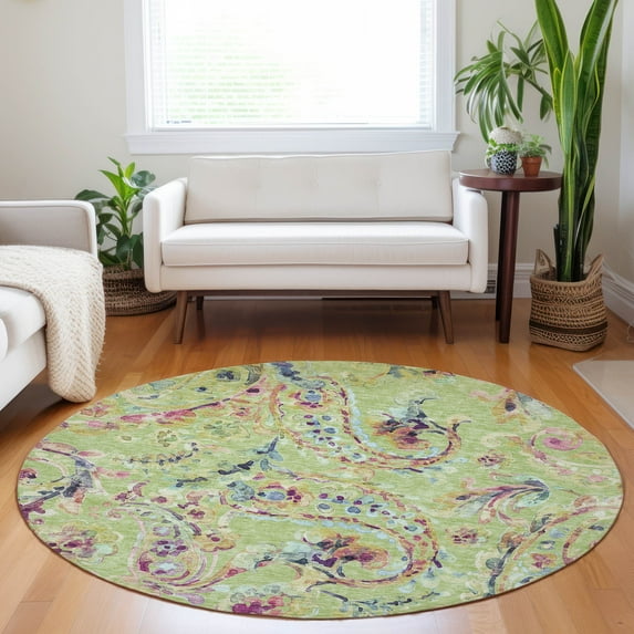 Addison Rugs Chantille Indoor/Outdoor Transitional Paisley Aloe Washable Round Rug, 8' x 8'