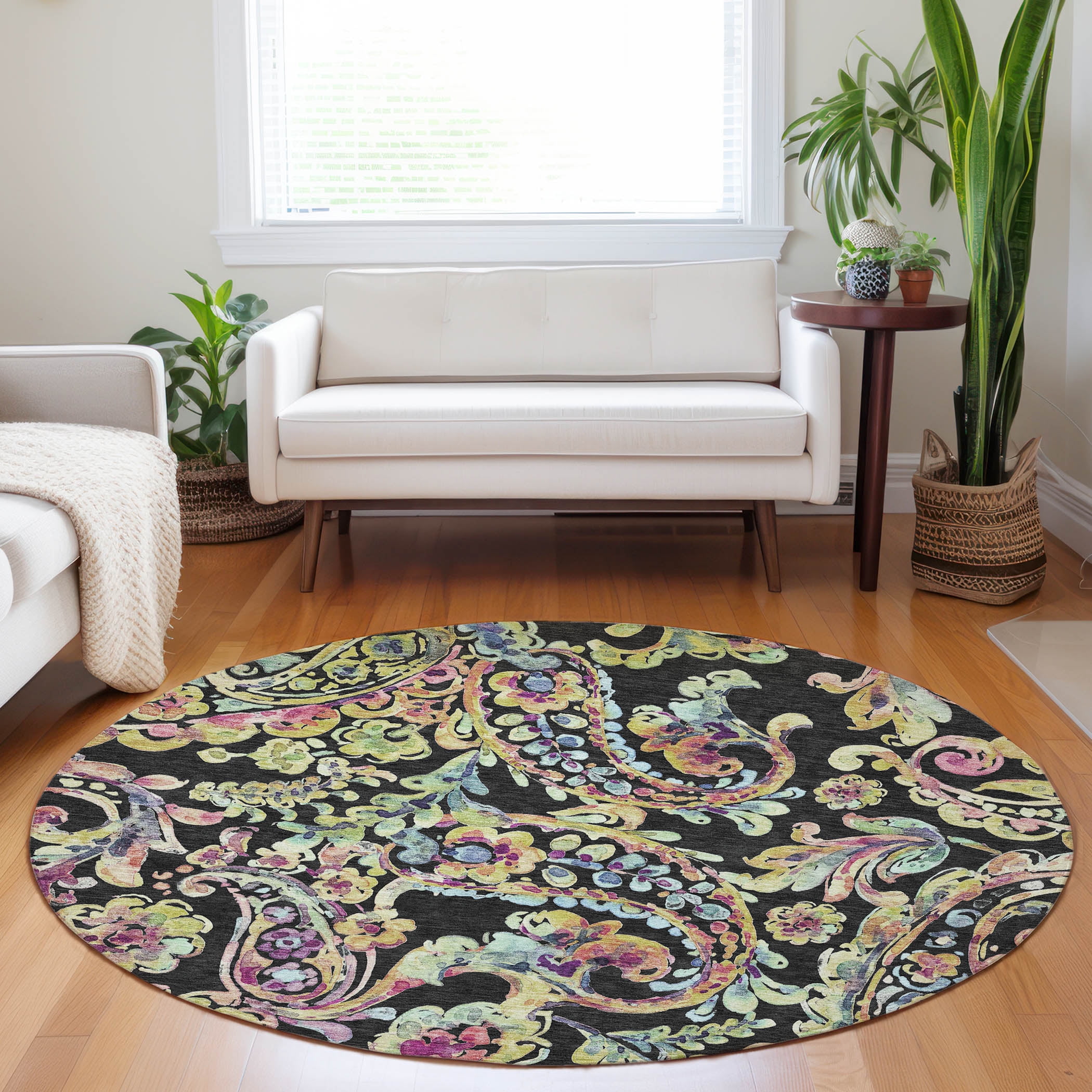 Addison Rugs Chantille Indoor/Outdoor Transitional Paisley Black Washable Round Rug, 8' x 8'