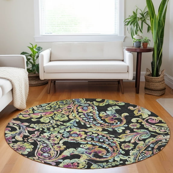 Addison Rugs Chantille Indoor/Outdoor Transitional Paisley Black Washable Round Rug, 8' x 8'