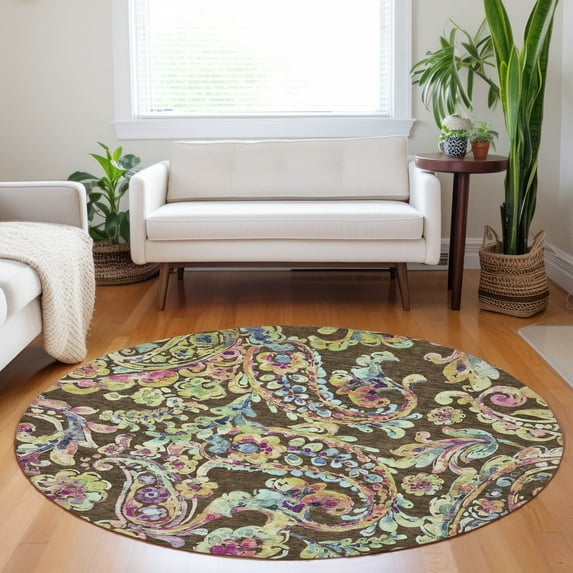 Addison Rugs Chantille Indoor/Outdoor Transitional Paisley Chocolate Washable Round Rug, 8' x 8'
