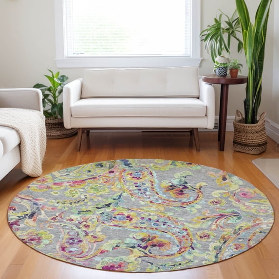 Addison Rugs Chantille Indoor/Outdoor Transitional Paisley Gray Washable Round Rug, 8' x 8'