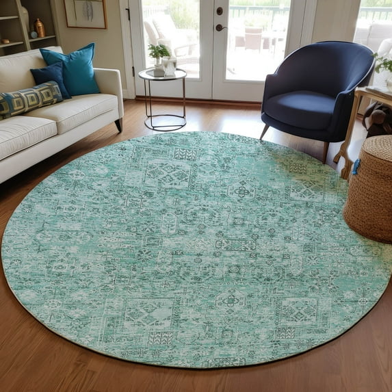 Addison Rugs Chantille Indoor/Outdoor Transitional Panel Teal Washable Round Rug, 8' x 8'