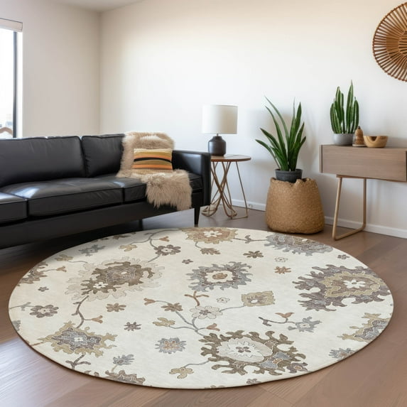 Addison Rugs Chantille Indoor/Outdoor Traditional Oushak Ivory Washable Round Rug, 8' x 8'