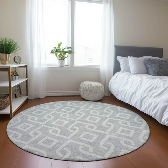 Addison Rugs Chantille Indoor/Outdoor Transitional Geometric Silver Washable Round Rug, 8' x 8'