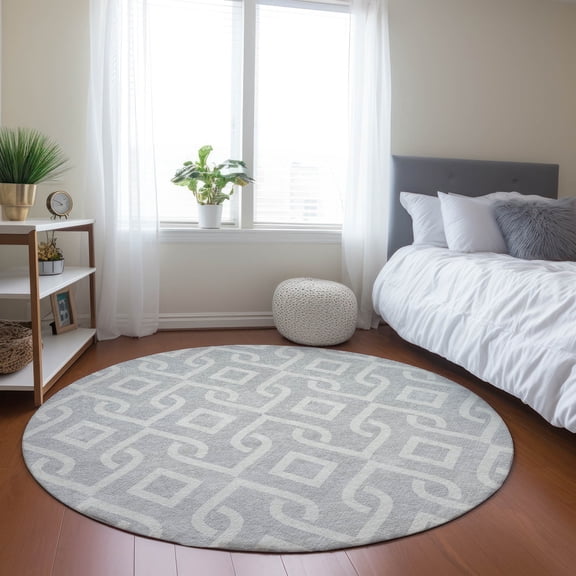 Addison Rugs Chantille Indoor/Outdoor Transitional Geometric Silver Washable Round Rug, 8' x 8'