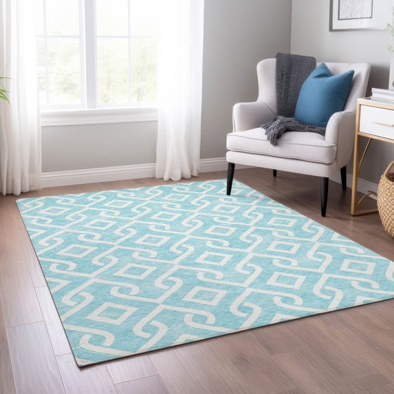 Addison Rugs Chantille Indoor/Outdoor Transitional Geometric Aqua Washable Rectangle Rug, 3' x 5'