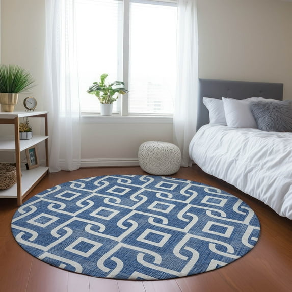 Addison Rugs Chantille Indoor/Outdoor Transitional Geometric Blue Washable Round Rug, 8' x 8'