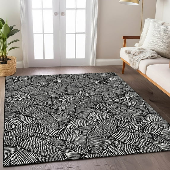 Addison Rugs Chantille Indoor/Outdoor Transitional Floral Black Washable Rectangle Rug, 9' x 12'