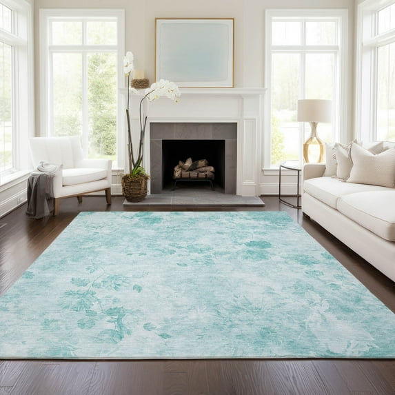 Addison Rugs Chantille Indoor/Outdoor Transitional Floral Aqua Washable Rectangle Rug, 5' x 7'6"