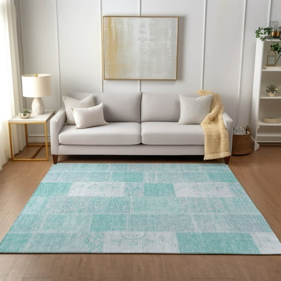 Addison Rugs Chantille Indoor/Outdoor Traditional Patchwork Aqua Washable Rectangle Rug, 9' x 12'