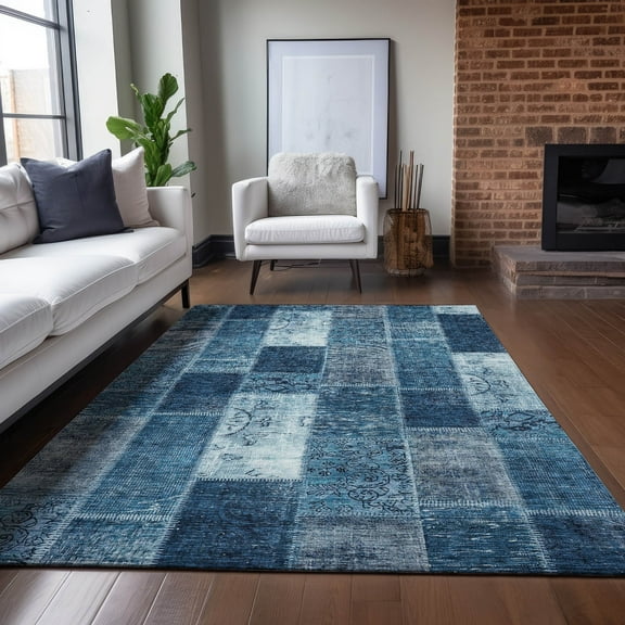 Addison Rugs Chantille Indoor/Outdoor Traditional Patchwork Blue Washable Rectangle Rug, 3' x 5'