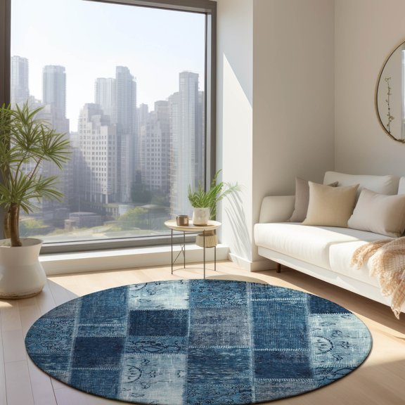 Addison Rugs Chantille Indoor/Outdoor Traditional Patchwork Blue Washable Round Rug, 8' x 8'