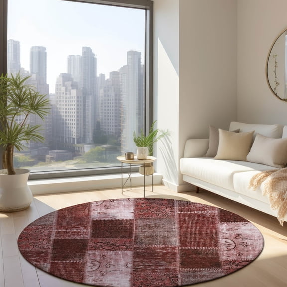 Addison Rugs Chantille Indoor/Outdoor Traditional Patchwork Burgundy Washable Round Rug, 8' x 8'