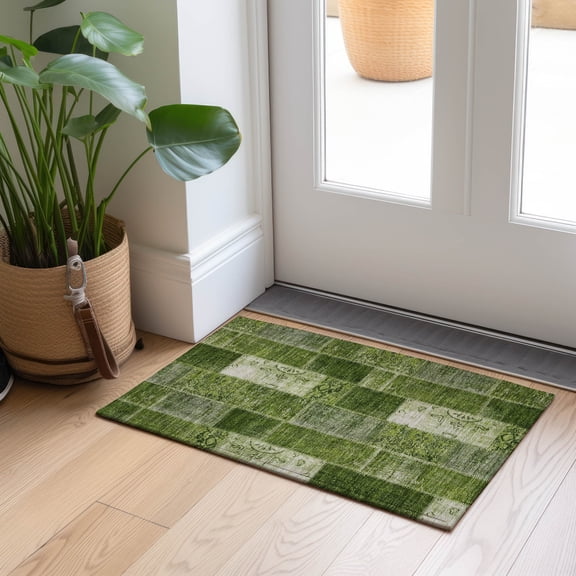 Addison Rugs Chantille Indoor/Outdoor Traditional Patchwork Olive Washable Rectangle Rug, 1'8" x 2'6"