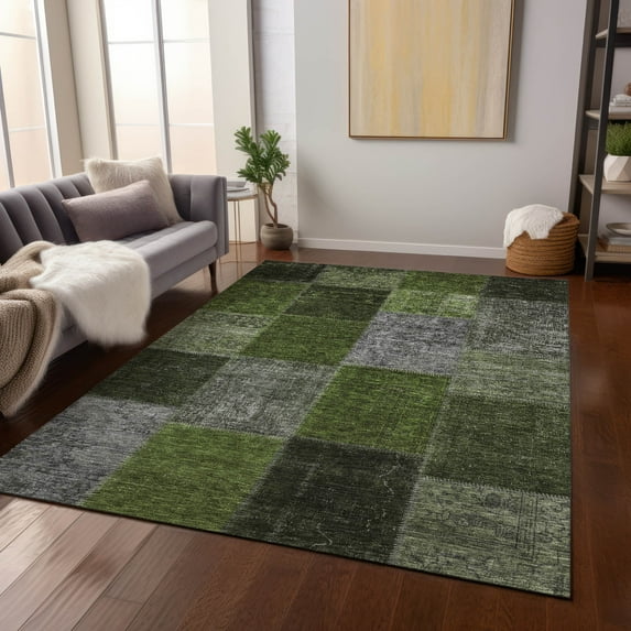Addison Rugs Chantille Indoor/Outdoor Transitional Patchwork Olive Washable Rectangle Rug, 5' x 7'6"