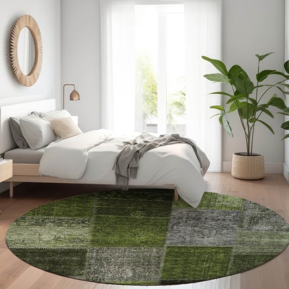 Addison Rugs Chantille Indoor/Outdoor Transitional Patchwork Olive Washable Round Rug, 8' x 8'