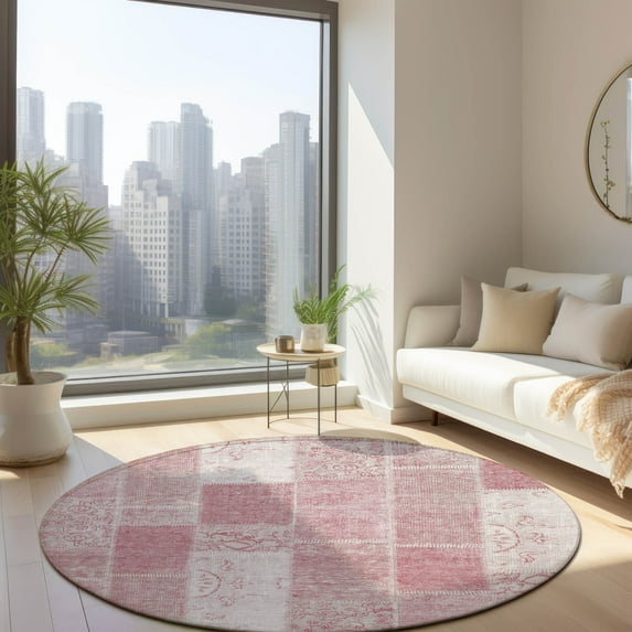 Addison Rugs Chantille Indoor/Outdoor Traditional Patchwork Pink Washable Round Rug, 8' x 8'