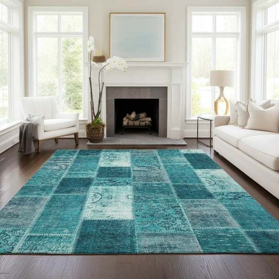 Addison Rugs Chantille Indoor/Outdoor Traditional Patchwork Teal Washable Rectangle Rug, 8' x 10'