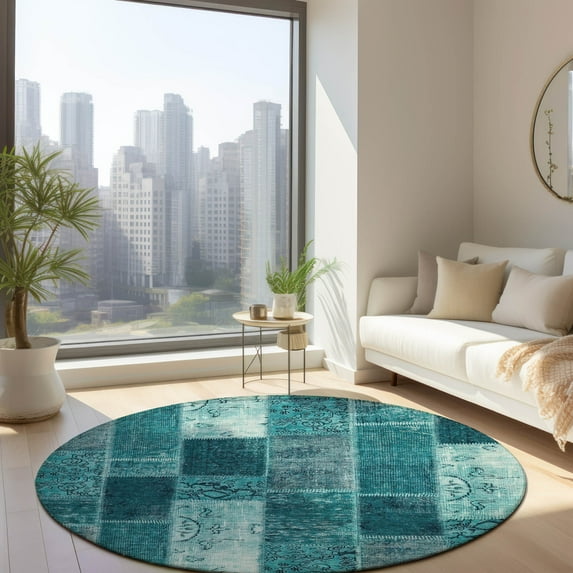 Addison Rugs Chantille Indoor/Outdoor Traditional Patchwork Teal Washable Round Rug, 8' x 8'