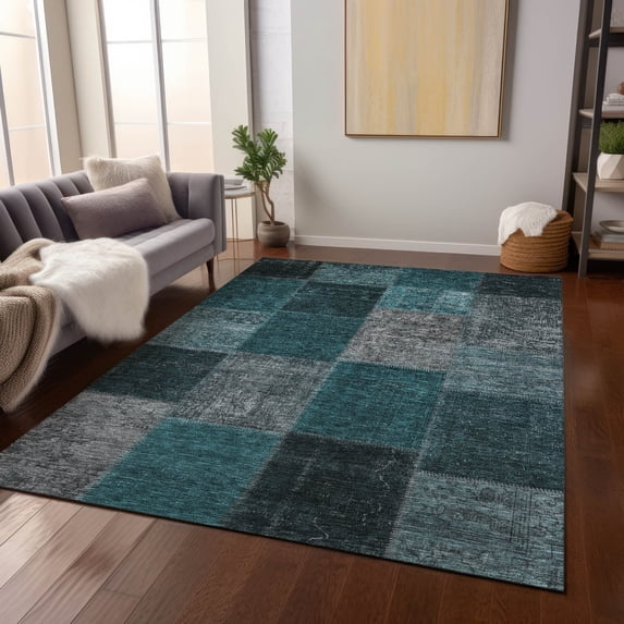 Addison Rugs Chantille Indoor/Outdoor Transitional Patchwork Teal Washable Rectangle Rug, 9' x 12'