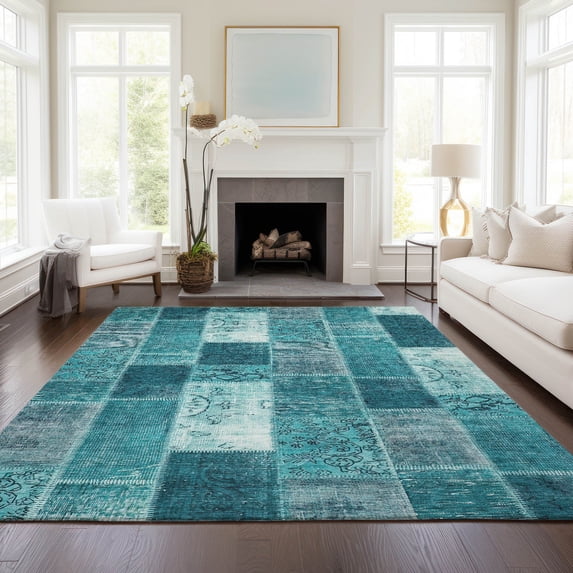 Addison Rugs Chantille Indoor/Outdoor Traditional Patchwork Teal Washable Rectangle Rug, 9' x 12'