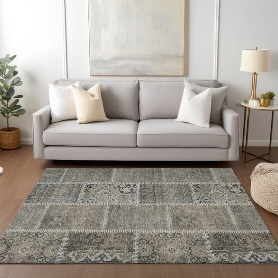 Addison Rugs Chantille Indoor/Outdoor Transitional Patchwork Taupe Washable Rectangle Rug, 5' x 7'6"