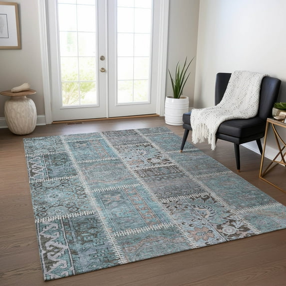 Addison Rugs Chantille Indoor/Outdoor Transitional Patchwork Teal Washable Rectangle Rug, 2'6" x 3'10"