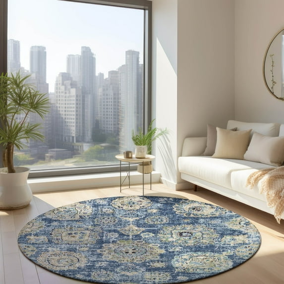 Addison Rugs Chantille Indoor/Outdoor Transitional Floral Blue Washable Round Rug, 8' x 8'