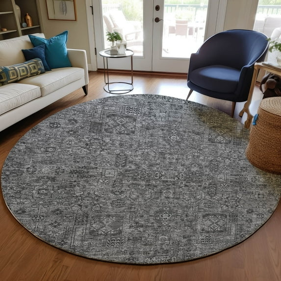 Addison Rugs Chantille Indoor/Outdoor Transitional Panel Charcoal Washable Round Rug, 8' x 8'