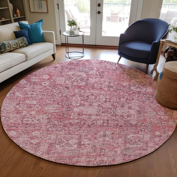 Addison Rugs Chantille Indoor/Outdoor Transitional Panel Pink Washable Round Rug, 8' x 8'