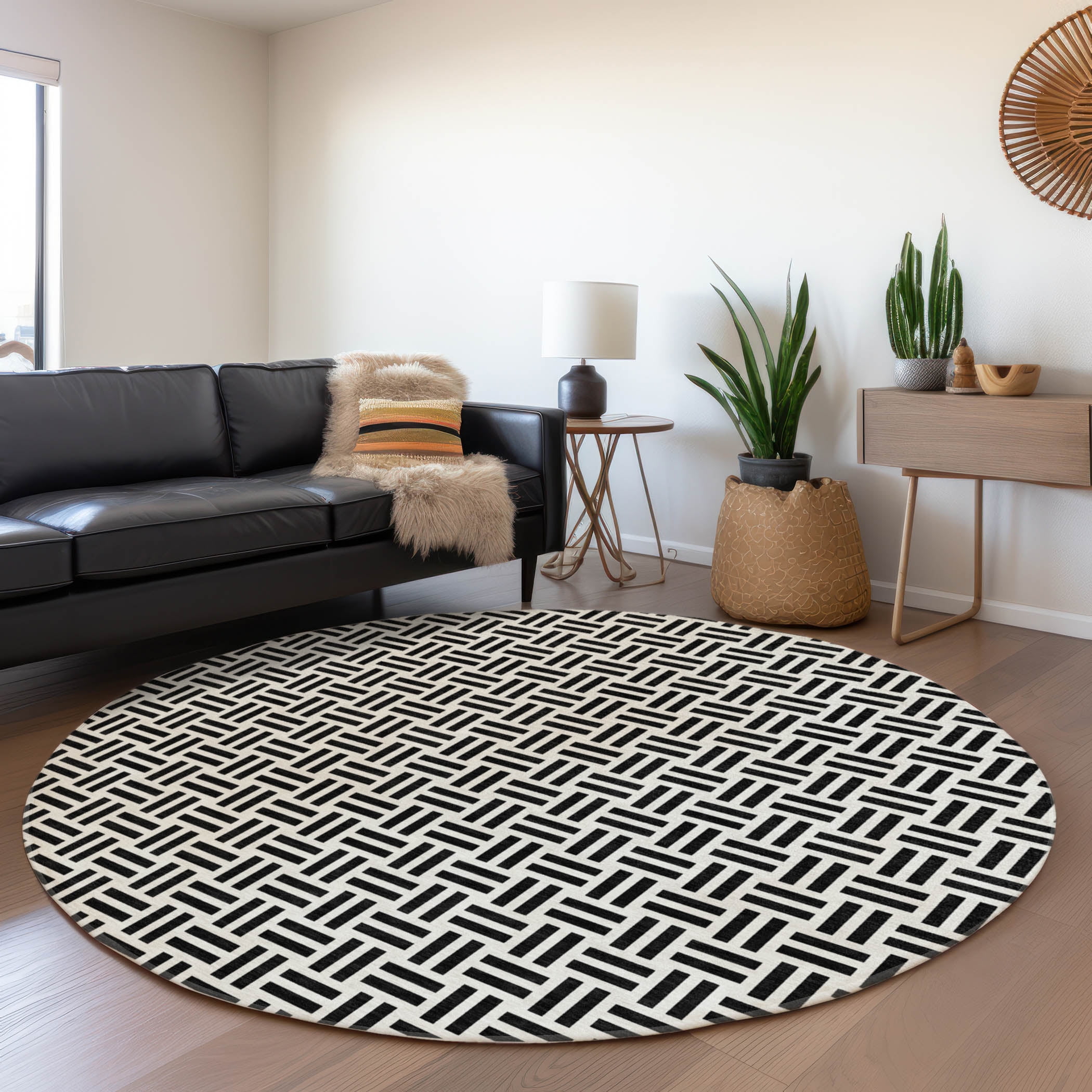 Addison Rugs Chantille Indoor/Outdoor Transitional Geometric Black Washable Round Rug, 8' x 8'