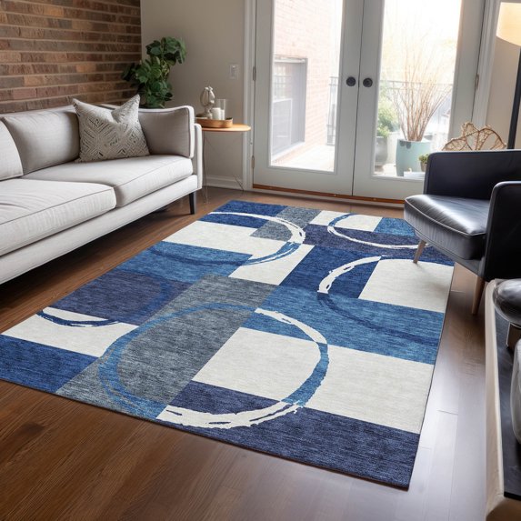 Addison Rugs Chantille Indoor/Outdoor Transitional Geometric Blue Washable Rectangle Rug, 5' x 7'6"