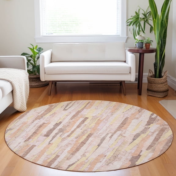 Addison Rugs Chantille Indoor/Outdoor Transitional Stripes Pink Washable Round Rug, 8' x 8'