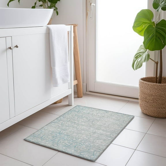 Addison Rugs Chantille Indoor/Outdoor Transitional Damask Aqua Washable Rectangle Rug, 1'8" x 2'6"
