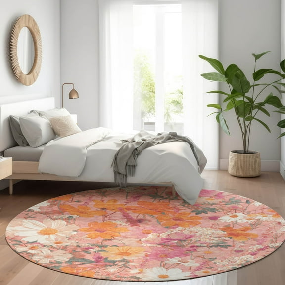 Addison Rugs Chantille Indoor/Outdoor Transitional Floral Blush Washable Round Rug, 8' x 8'