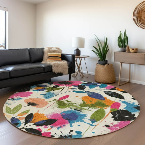 Addison Rugs Chantille Indoor/Outdoor Transitional Floral Ivory Washable Round Rug, 8' x 8'