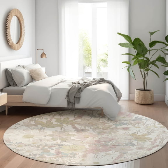 Addison Rugs Chantille Indoor/Outdoor Transitional Floral Ivory Washable Round Rug, 8' x 8'