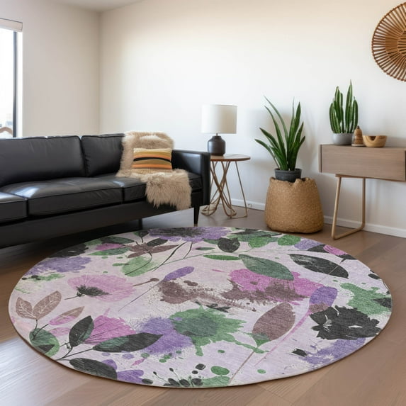 Addison Rugs Chantille Indoor/Outdoor Transitional Floral Lavender Washable Round Rug, 8' x 8'