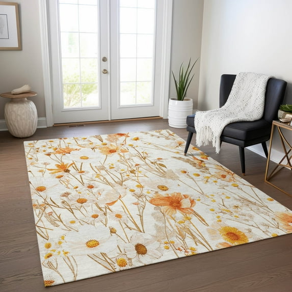 Addison Rugs Chantille Indoor/Outdoor Transitional Floral Ivory Washable Rectangle Rug, 9' x 12'