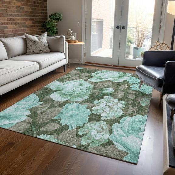 Addison Rugs Chantille Indoor/Outdoor Transitional Floral Seafoam Washable Rectangle Rug, 10' x 14'