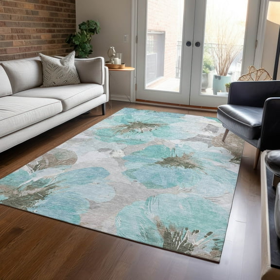 Addison Rugs Chantille Indoor/Outdoor Transitional Floral Teal Washable Rectangle Rug, 10' x 14'