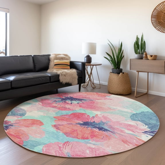 Addison Rugs Chantille Indoor/Outdoor Transitional Floral Pink Washable Round Rug, 8' x 8'