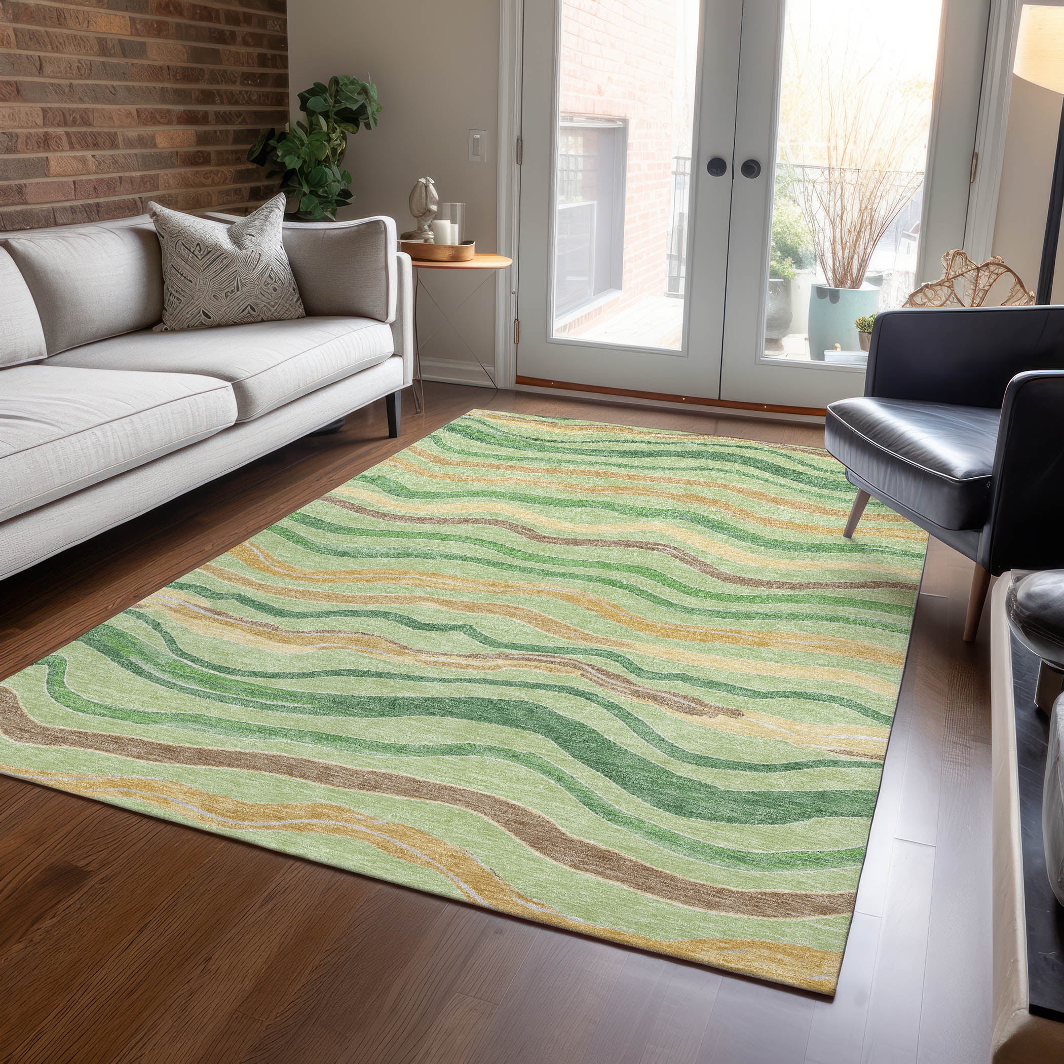 Green and Beige Synthetic Stripe Washable Indoor/Outdoor Rug